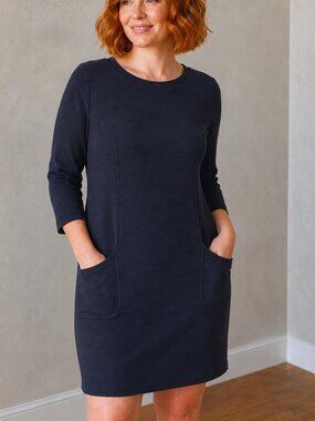 BODEN Nessa Ottoman Black Shift Dress 3/4 Length Sleeve Ribbed Pockets Size 12